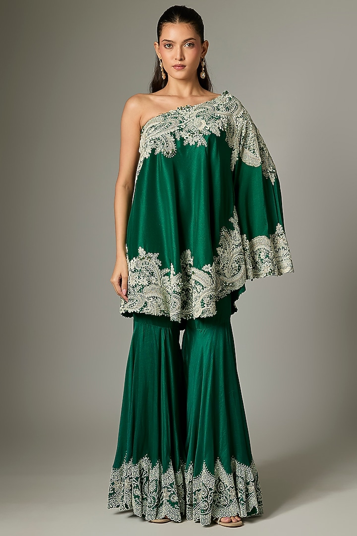 Green Organza Pearl Work Bridal Sharara Set by Minaxi Dadoo at Pernia's Pop Up Shop