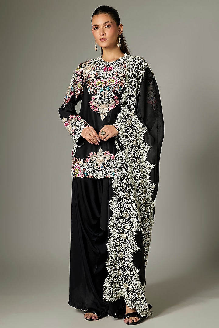 Black Dupion Pearl Work Kurta Set by Minaxi Dadoo at Pernia's Pop Up Shop