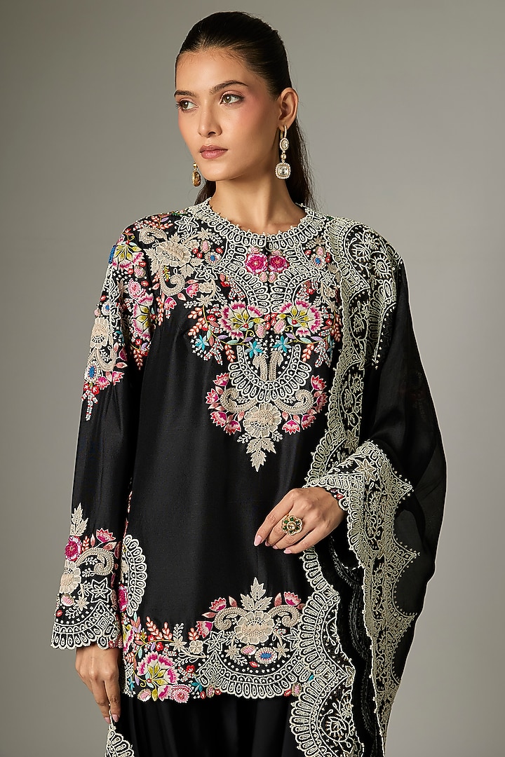 Black Dupion Pearl Work Kurta Set by Minaxi Dadoo at Pernia's Pop Up Shop