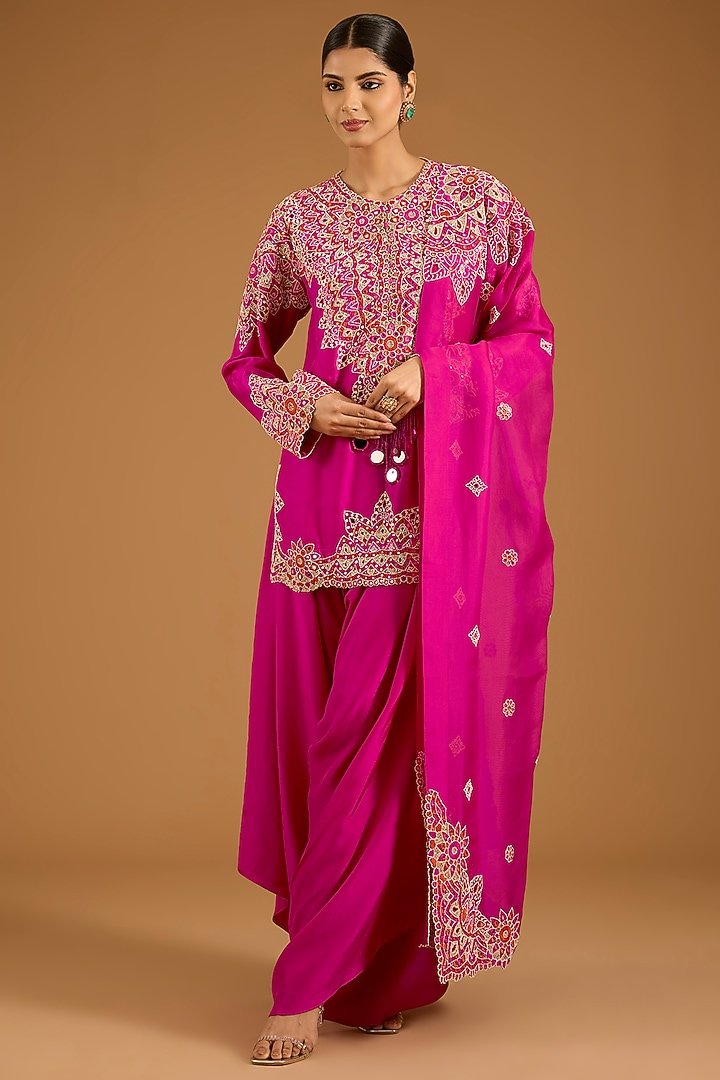 Red Dupion Mirror Work Short Kurta Set by Minaxi Dadoo at Pernia's Pop Up Shop