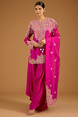 Pink Dupion Mirror Work Short Kurta Set by Minaxi Dadoo