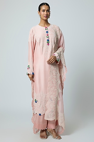 Pink Dupion Pearl Work Kurta Set by Minaxi Dadoo