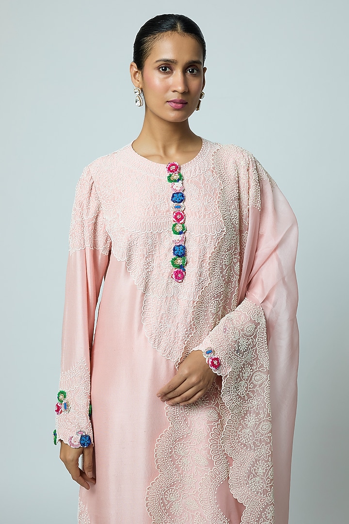Pink Dupion Pearl Work Kurta Set by Minaxi Dadoo at Pernia's Pop Up Shop