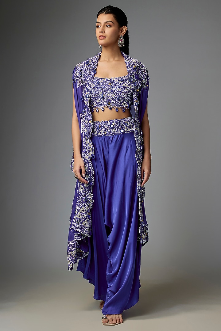 Blue Silk & Organza Mirror Work Butterfly Cape Set by Minaxi Dadoo at Pernia's Pop Up Shop