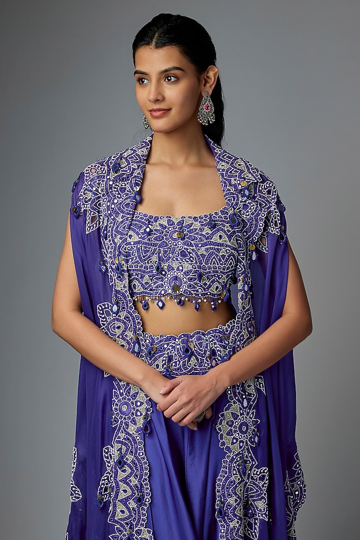 Blue Silk & Organza Mirror Work Butterfly Cape Set by Minaxi Dadoo at Pernia's Pop Up Shop