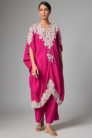 Pink Dupion Silk Embroidered Kaftan Set by Minaxi Dadoo