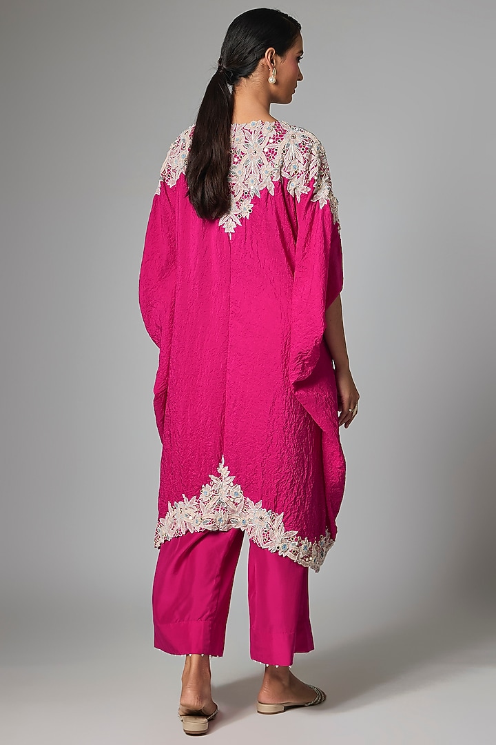 Pink Dupion Silk Embroidered Kaftan Set by Minaxi Dadoo at Pernia's Pop Up Shop