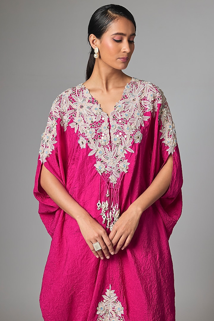 Pink Dupion Silk Embroidered Kaftan Set by Minaxi Dadoo at Pernia's Pop Up Shop