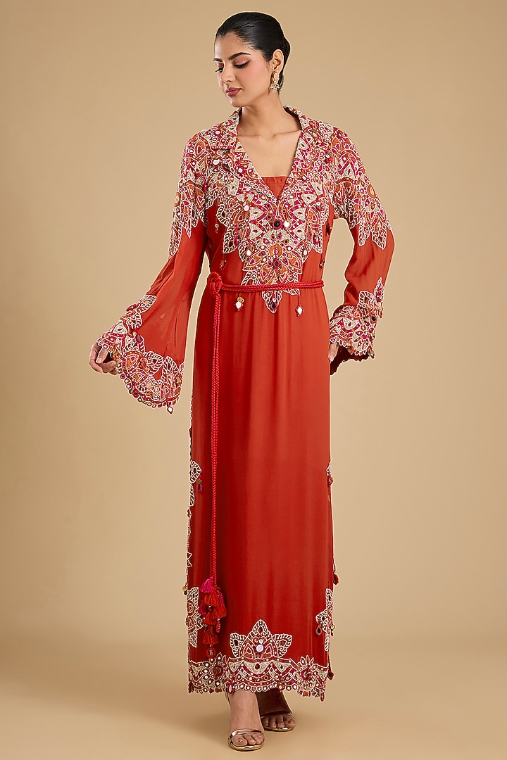 Red Silk Mirror Work Maxi Party Wear Dress by Minaxi Dadoo at Pernia's Pop Up Shop