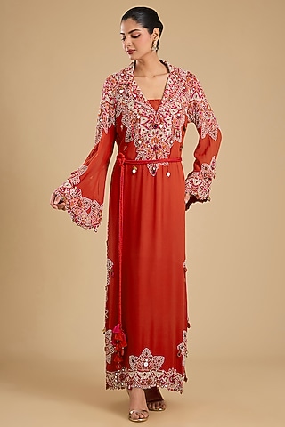 Red Silk Mirror Work Maxi Dress by Minaxi Dadoo