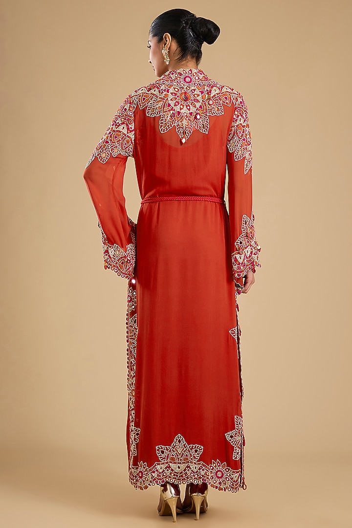 Red Silk Mirror Work Maxi Party Wear Dress by Minaxi Dadoo at Pernia's Pop Up Shop