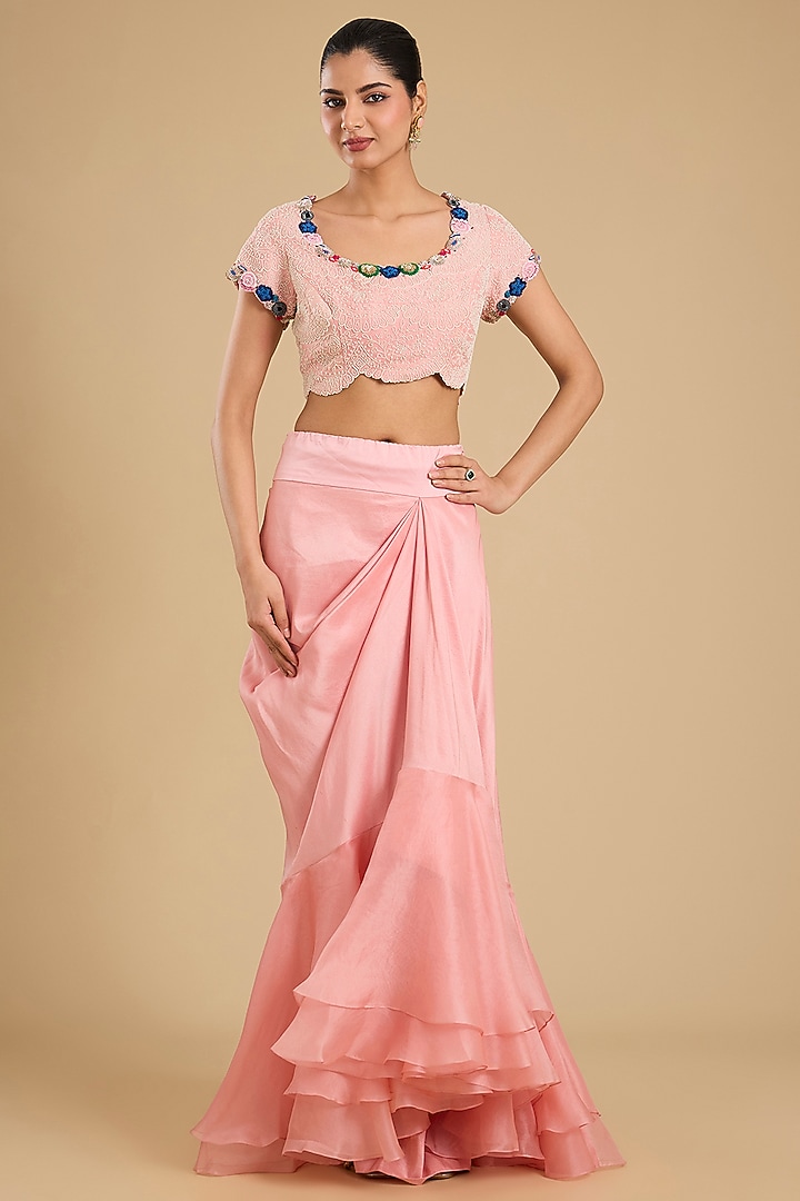 Pink Silk Pick-Up Skirt Set by Minaxi Dadoo at Pernia's Pop Up Shop