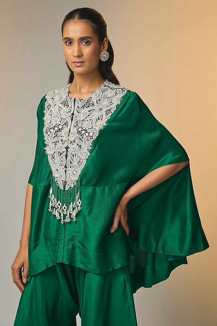 Green Dupion Embroidered Cape Set by Minaxi Dadoo at Pernia's Pop Up Shop