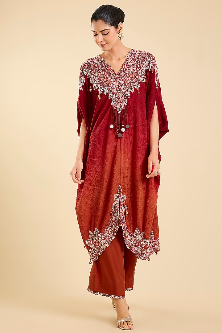 Red Dupion Mirror Work Kaftan Set by Minaxi Dadoo at Pernia's Pop Up Shop