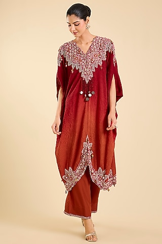 Red Dupion Mirror Work Kaftan Set by Minaxi Dadoo