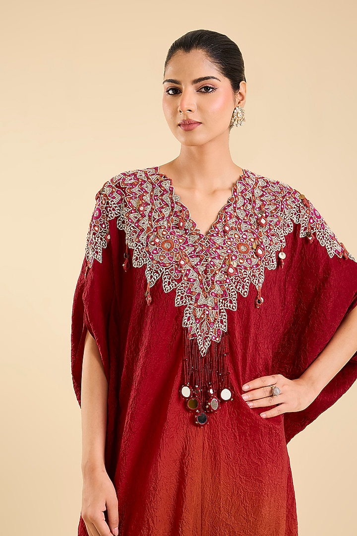 Red Dupion Mirror Work Kaftan Set by Minaxi Dadoo at Pernia's Pop Up Shop