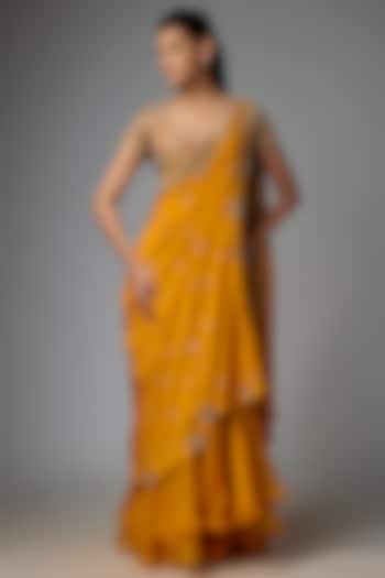 Mustard Yellow Dupion Silk Embroidered Draped Bridal Saree Set by Minaxi Dadoo at Pernia's Pop Up Shop