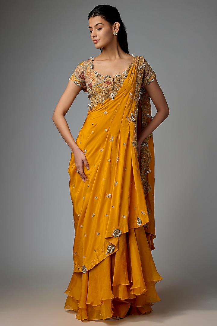 Mustard Yellow Dupion Silk Embroidered Draped Bridal Saree Set by Minaxi Dadoo at Pernia's Pop Up Shop