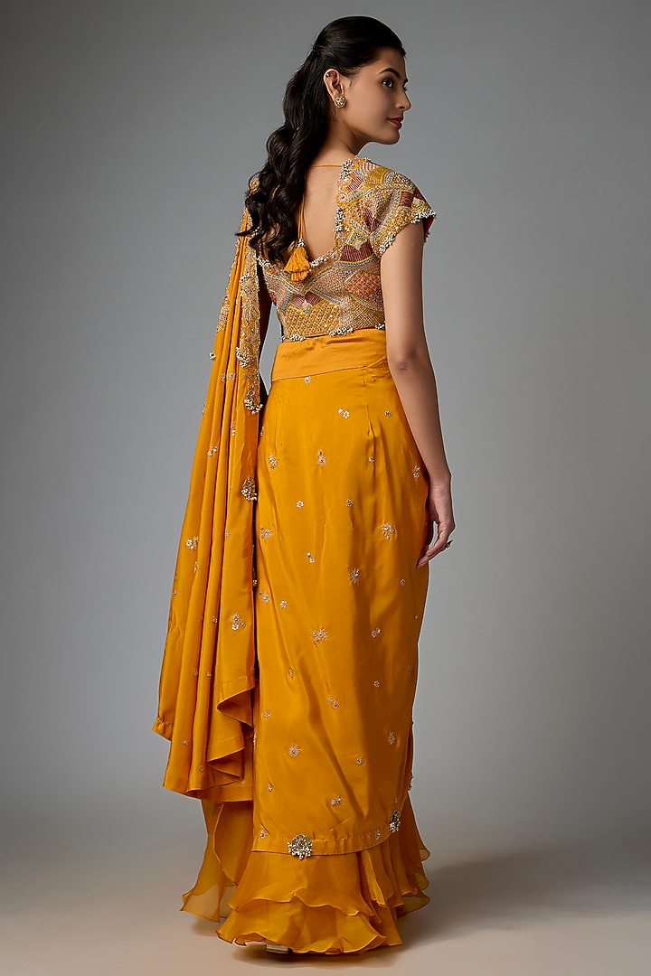 Mustard Yellow Dupion Silk Embroidered Draped Bridal Saree Set by Minaxi Dadoo at Pernia's Pop Up Shop