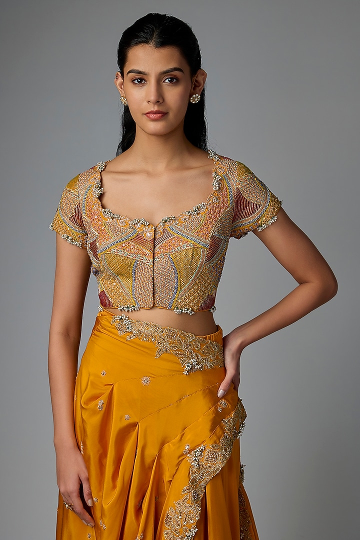 Mustard Yellow Dupion Silk Embroidered Draped Bridal Saree Set by Minaxi Dadoo at Pernia's Pop Up Shop