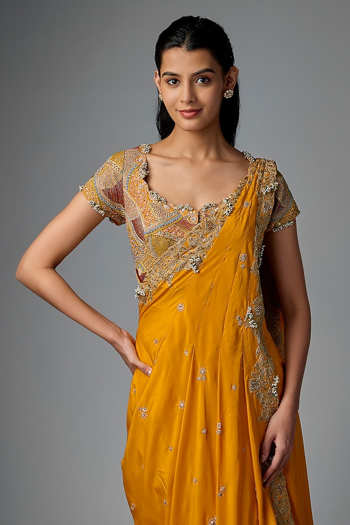 Mustard Yellow Dupion Silk Embroidered Draped Bridal Saree Set by Minaxi Dadoo at Pernia's Pop Up Shop