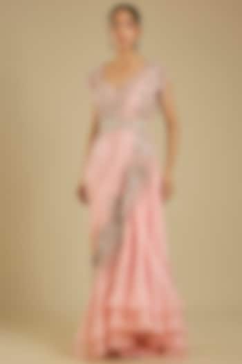 Pink Silk & Organza Embroidered Draped Bridal Saree Set by Minaxi Dadoo at Pernia's Pop Up Shop