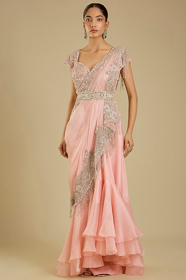Pink Silk & Organza Embroidered Draped Bridal Saree Set by Minaxi Dadoo at Pernia's Pop Up Shop