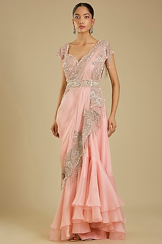 Pink Silk & Organza Embroidered Draped Saree Set by Minaxi Dadoo