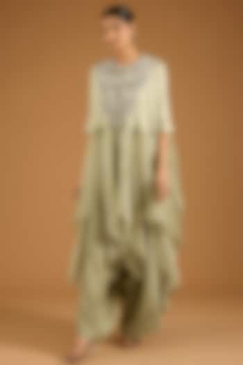 Olive Green Silk & Organza Cape Set by Minaxi Dadoo at Pernia's Pop Up Shop
