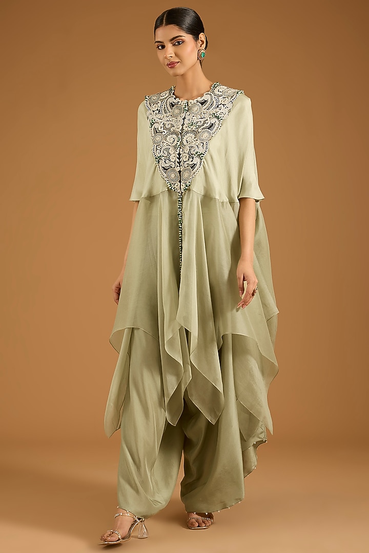 Olive Green Silk & Organza Cape Set by Minaxi Dadoo at Pernia's Pop Up Shop