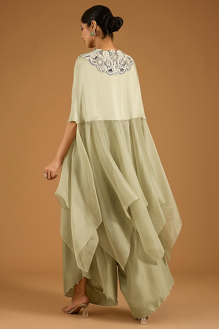 Olive Green Silk & Organza Cape Set by Minaxi Dadoo at Pernia's Pop Up Shop