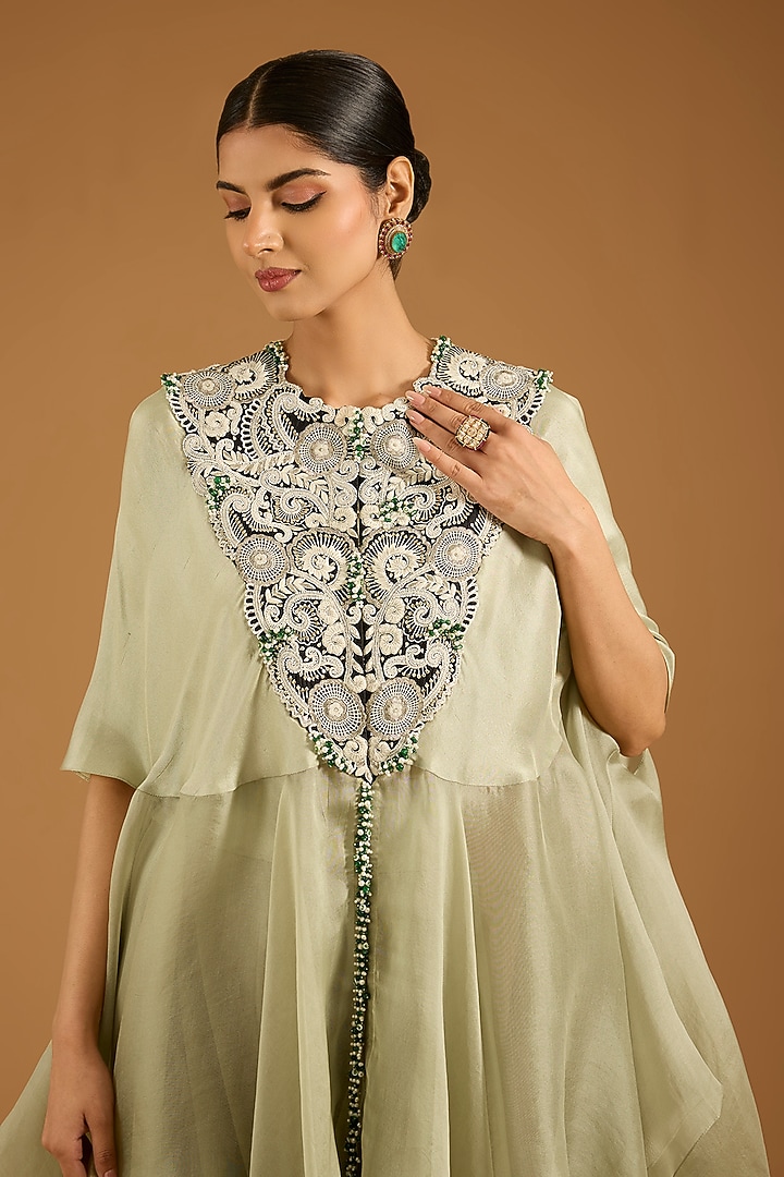 Olive Green Silk & Organza Cape Set by Minaxi Dadoo at Pernia's Pop Up Shop