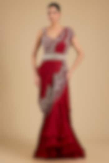 Red Silk Pick-Up Skirt Set by Minaxi Dadoo at Pernia's Pop Up Shop