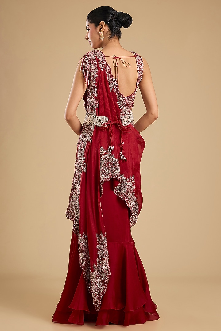 Red Silk Pick-Up Skirt Set by Minaxi Dadoo at Pernia's Pop Up Shop