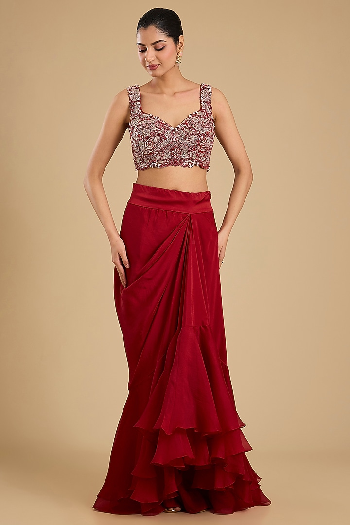 Red Silk Pick-Up Skirt Set by Minaxi Dadoo at Pernia's Pop Up Shop
