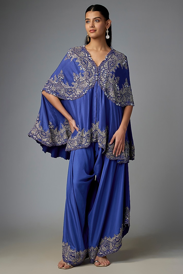 Blue Dupion Cape Set by Minaxi Dadoo at Pernia's Pop Up Shop