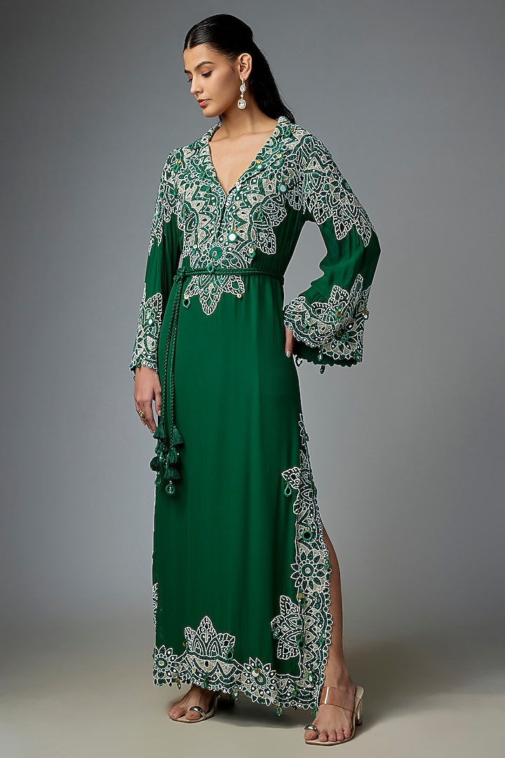 Green Dupion Silk Mirror Work Long Party Wear Dress by Minaxi Dadoo at Pernia's Pop Up Shop