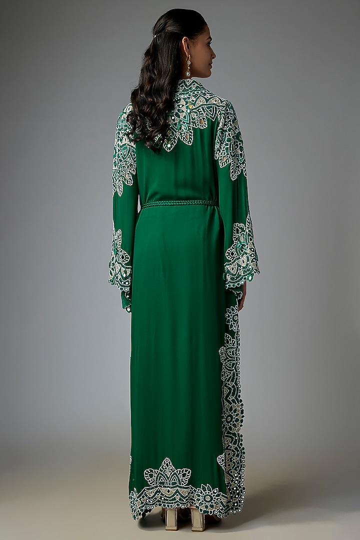 Green Dupion Silk Mirror Work Long Party Wear Dress by Minaxi Dadoo at Pernia's Pop Up Shop