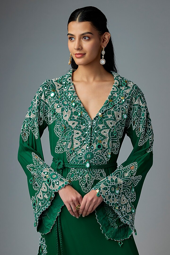 Green Dupion Silk Mirror Work Long Party Wear Dress by Minaxi Dadoo at Pernia's Pop Up Shop