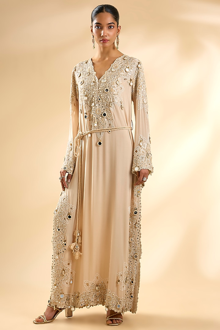 Ivory Dupion Silk Party Wear Dress With Belt by Minaxi Dadoo at Pernia's Pop Up Shop