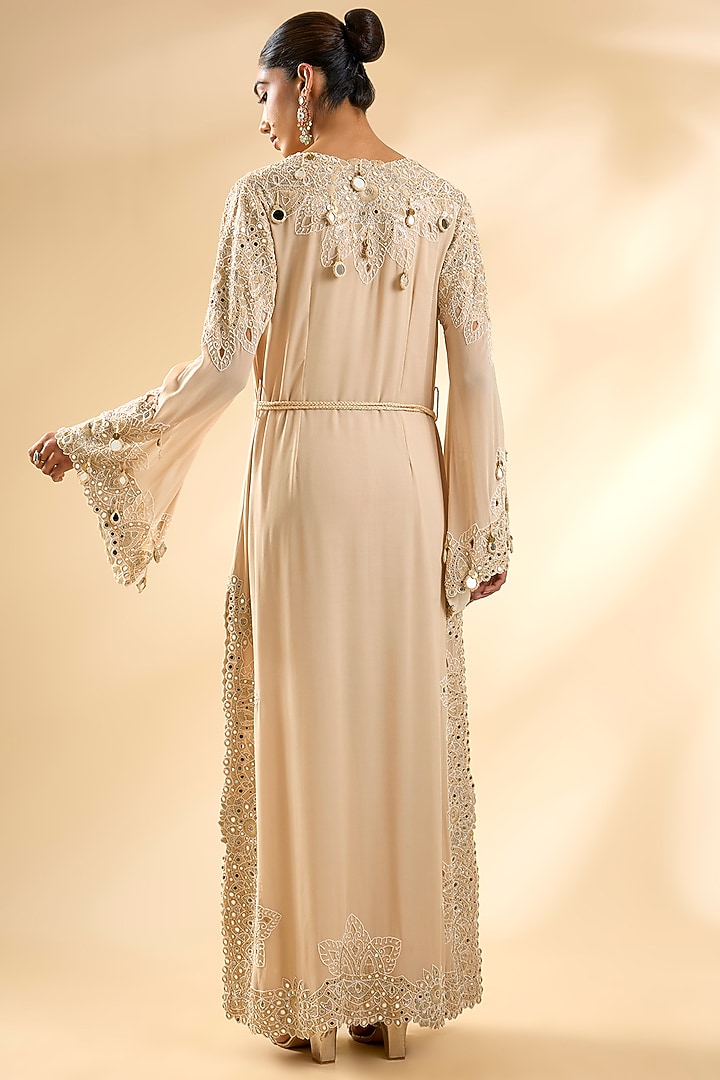 Ivory Dupion Silk Party Wear Dress With Belt by Minaxi Dadoo at Pernia's Pop Up Shop