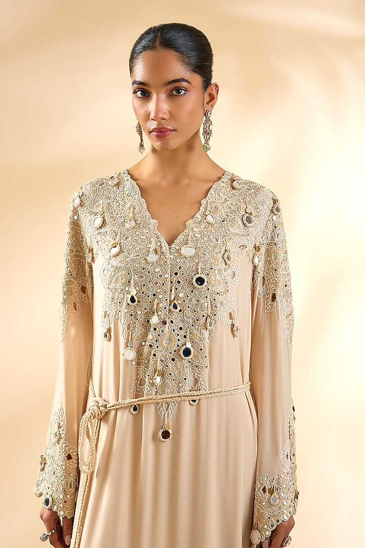 Ivory Dupion Silk Party Wear Dress With Belt by Minaxi Dadoo at Pernia's Pop Up Shop
