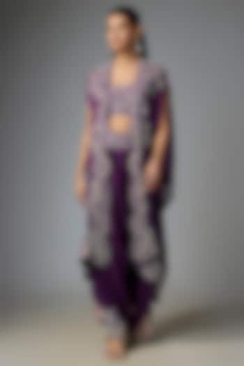 Purple Silk & Organza Mirror Work Butterfly Cape Set by Minaxi Dadoo at Pernia's Pop Up Shop