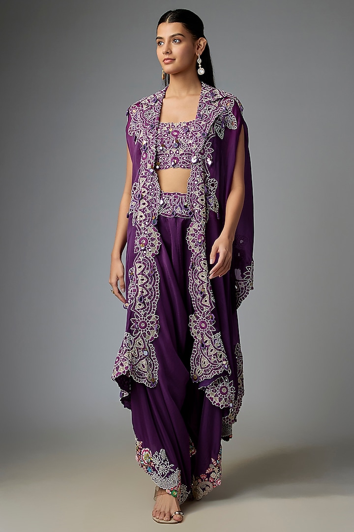 Purple Silk & Organza Mirror Work Butterfly Cape Set by Minaxi Dadoo at Pernia's Pop Up Shop