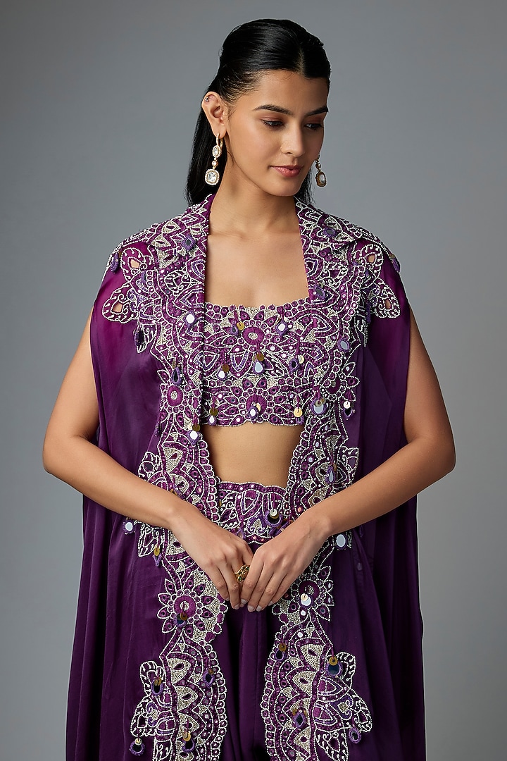 Purple Silk & Organza Mirror Work Butterfly Cape Set by Minaxi Dadoo at Pernia's Pop Up Shop