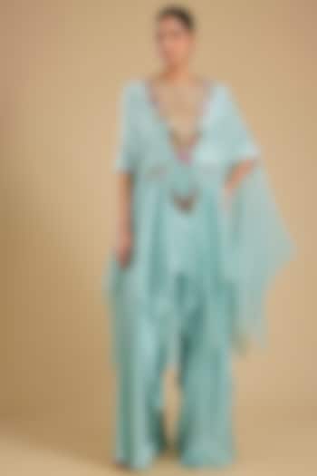 Powder Blue Dupion Silk Kasab Work Cape Set by Minaxi Dadoo at Pernia's Pop Up Shop