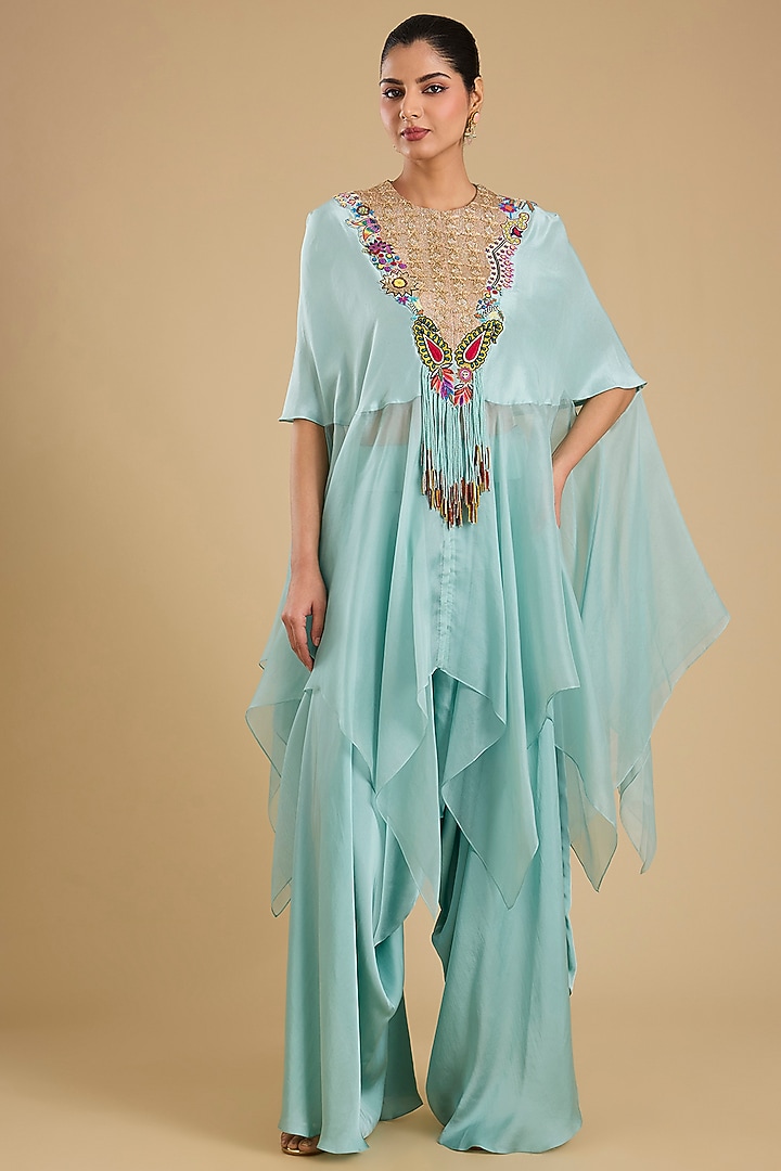 Powder Blue Dupion Silk Kasab Work Cape Set by Minaxi Dadoo at Pernia's Pop Up Shop