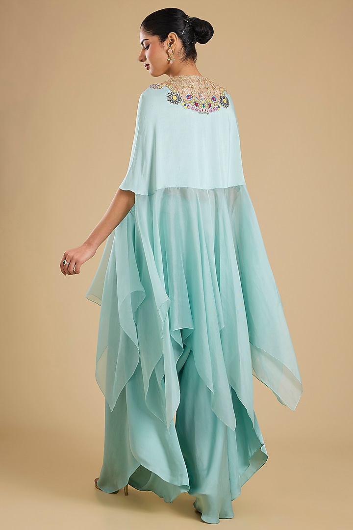 Powder Blue Dupion Silk Kasab Work Cape Set by Minaxi Dadoo at Pernia's Pop Up Shop