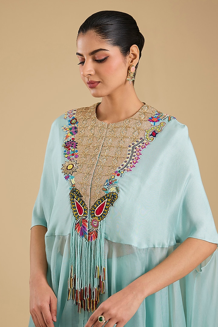 Powder Blue Dupion Silk Kasab Work Cape Set by Minaxi Dadoo at Pernia's Pop Up Shop