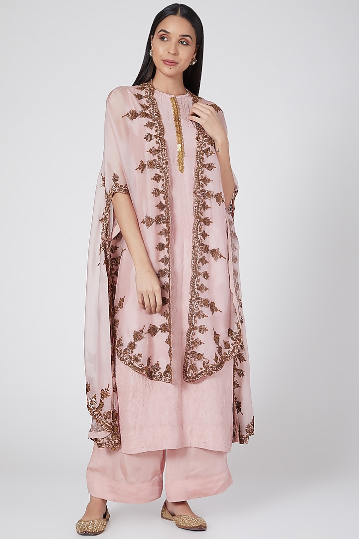Blush Pink Embroidered Cape Set by Minaxi Dadoo